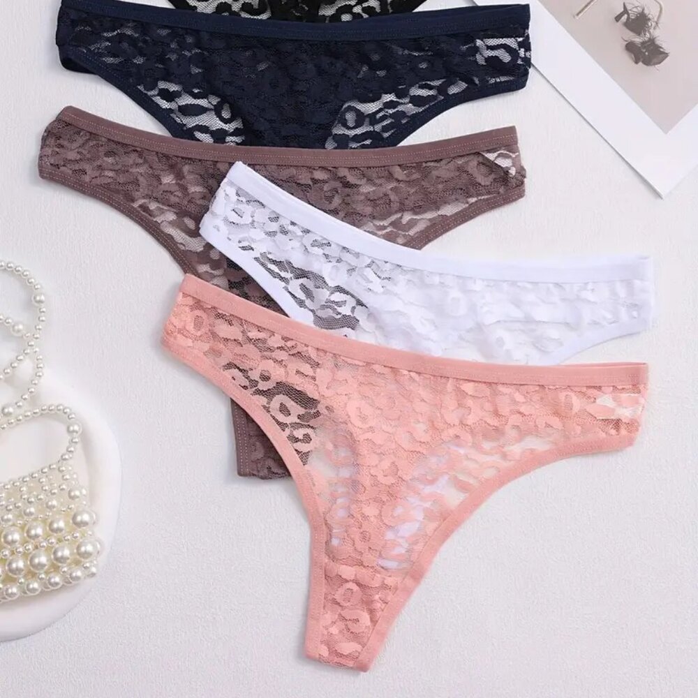 4 pack, Mid-Rise, Transparent Floral Design, Thong Panties Size XL